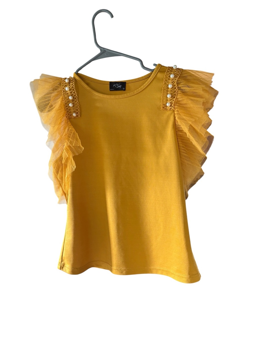 Pearl-Trim Ruffle Sleeve Tank Top - Mustard